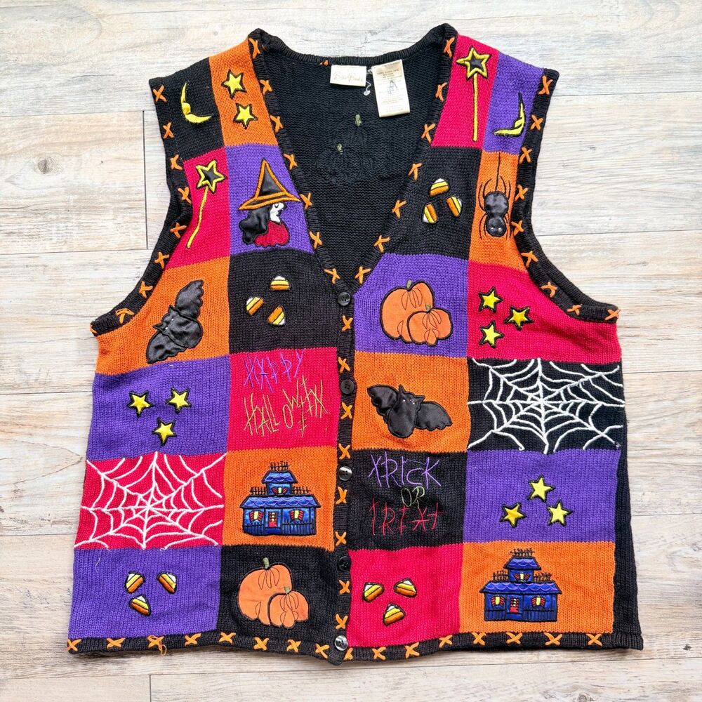 Vintage Halloween Sweater Patchwork Vest XL Witch Pumpkin Bat 90s Knit Kitschy